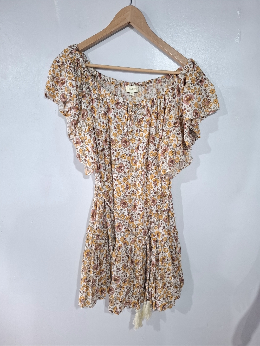 Cynthia Rowley Womens Sz M Floral Ruffle Tassles Boho Tiered Mini Dress Milkmaid